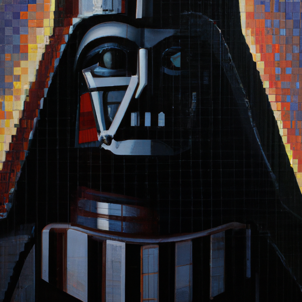 AI-generated oil painting of a pixellated Darth Vader